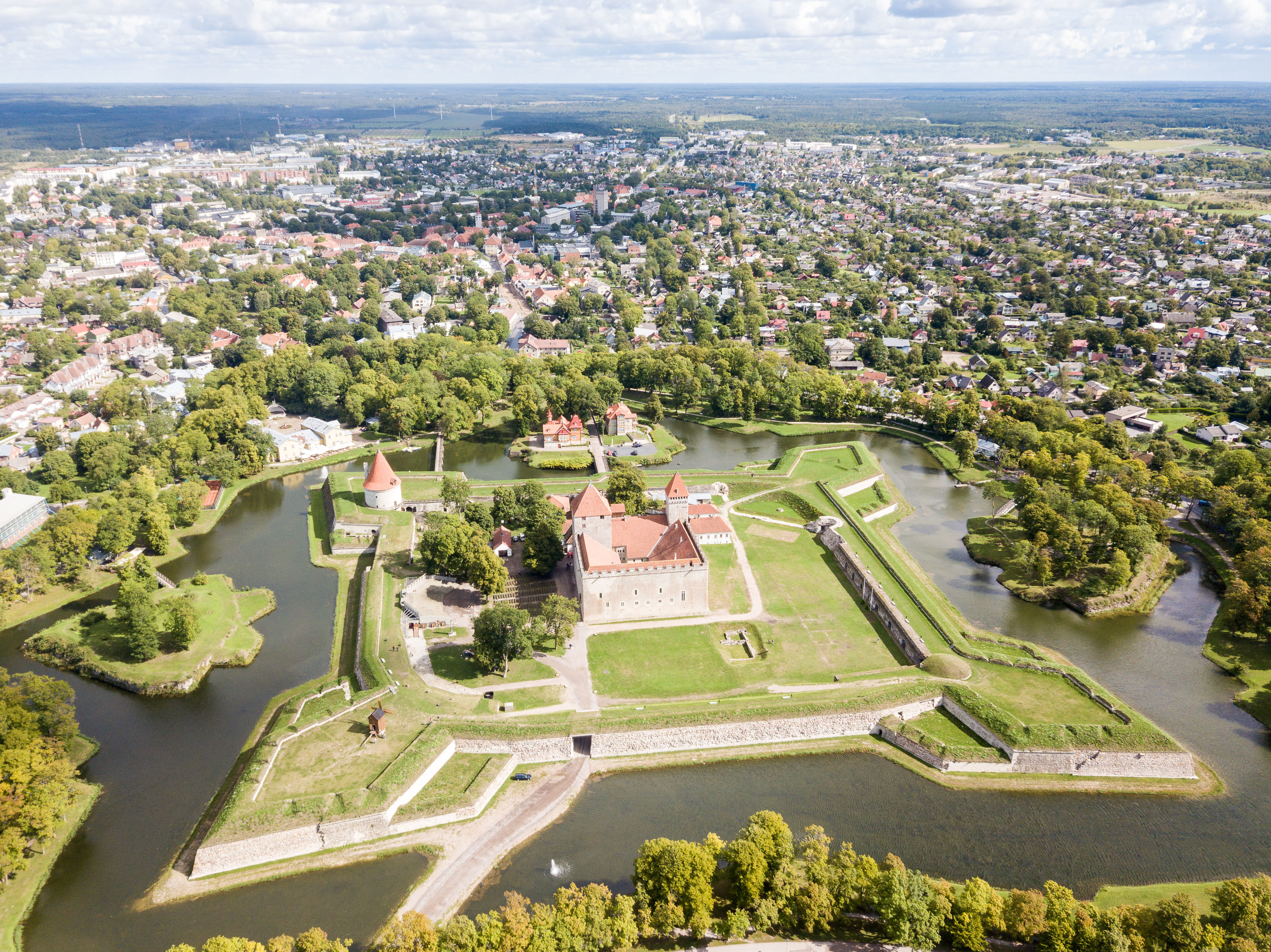 Kuressaare Episcopal Castle's fortifications, Teutonic Order's star fort in Saaremaa, western Estonia – aerial view.